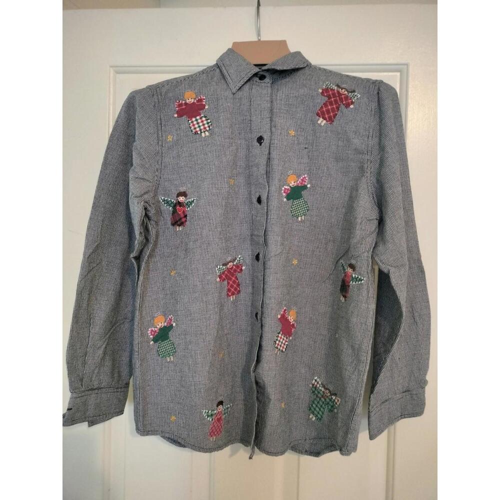 Vintage Casey & Max‎ Women's Medium Black White Check Embroidered Angels